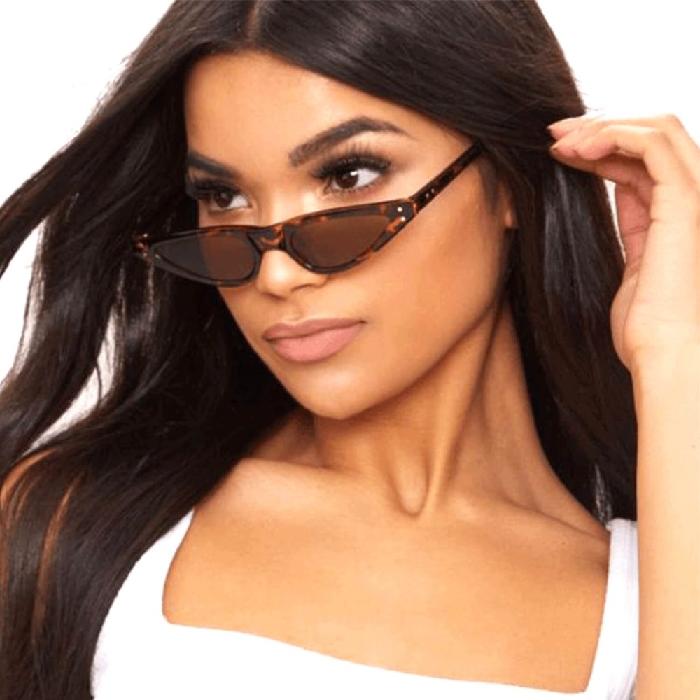 Small Skinny Cat Eye Women Sunglasses Brown Frame